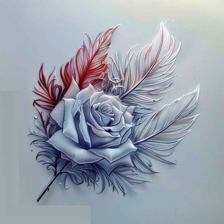 Blue rose with red leaves and grey feathers in color; AI-generated tattoo project; suitable for cover-up.