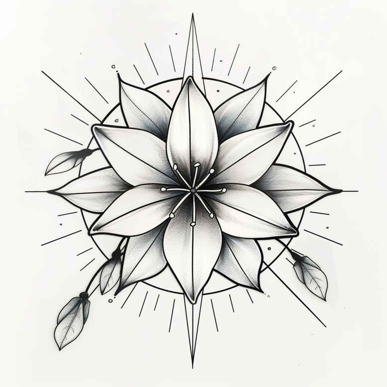 Black and grey mandala flower tattoo design with layered petals and side leaves; AI-generated tattoo project idea, suitable for cover-up.