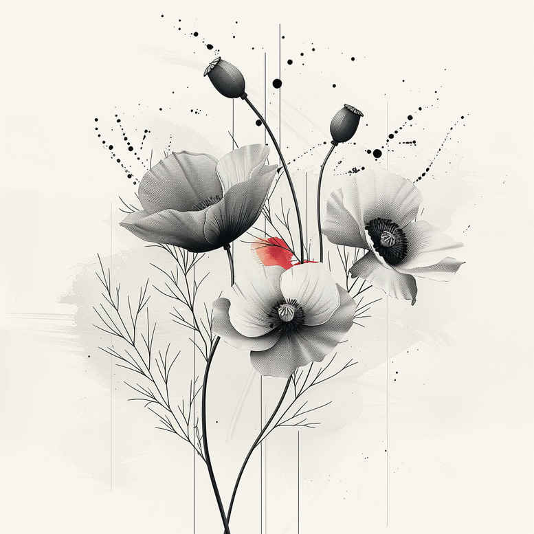 Black and grey floral pattern with a red accent; a project idea for a tattoo design featuring flowers, stems, and leaves in fine line style; AI-generated concept.