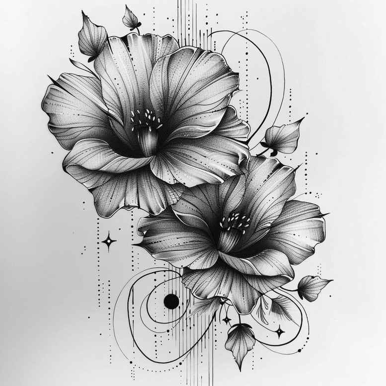 Two flowers with leaves, petals, dots, circles, and lines in black and grey; project concept for cover-up.