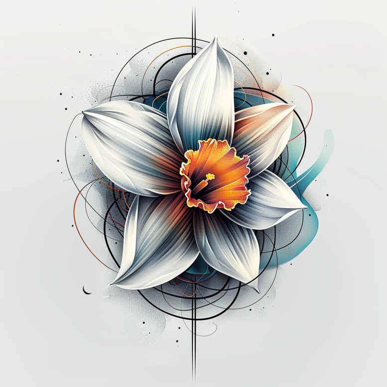 Flower tattoo design concept with white petals and orange center, full color, displayed against a geometric circle backdrop; not a cover-up.