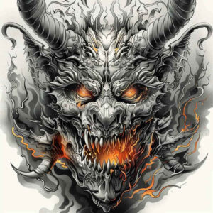 chaos-demon – tattoo design ideas free ai generated – evil-grin – for-lower-thigh – Gallery: demons-inkby-ai