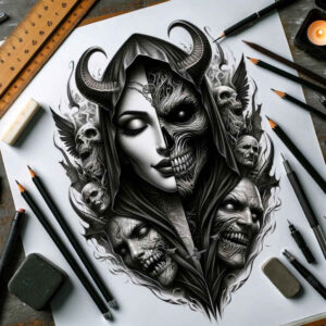 chaos-demon – tattoo design ideas free ai generated – faded-memory – for-collarbone – Gallery: demons-inkby-ai