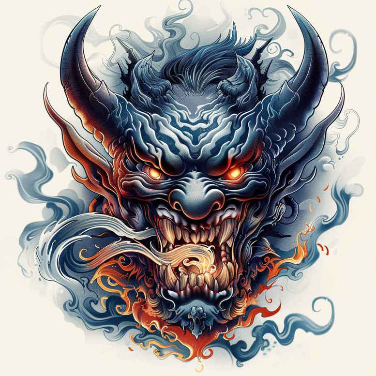 demon-with-fangs – tattoo design ideas free ai generated – grimace – for-upper-arm – Gallery: demons-inkby-ai
