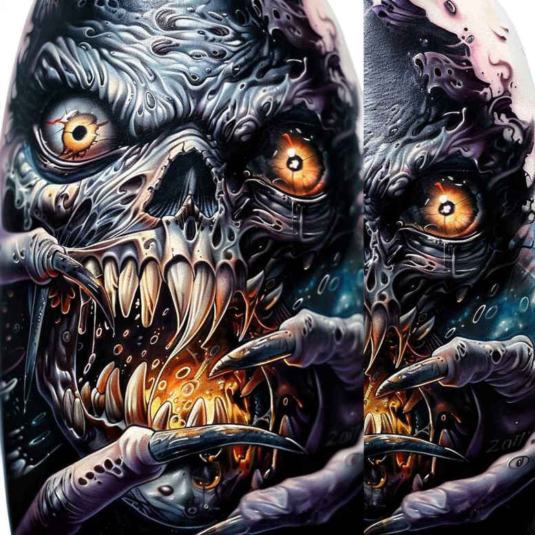 demonic-eyes – tattoo design ideas free ai generated – grimace – for-elbow – Gallery: demons-inkby-ai