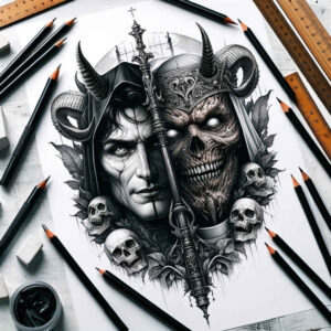 diabolic-demon – tattoo design ideas free ai generated – surrealism-visionary – for-lower-leg – Gallery: demons-inkby-ai