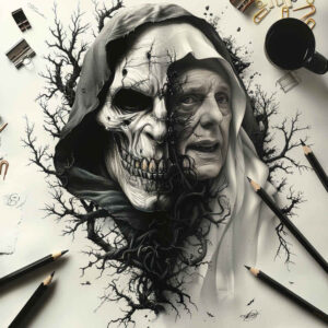 fanged-demon – tattoo design ideas free ai generated – neotraditional-intricate-shading – for-elbow – Gallery: demons-inkby-ai