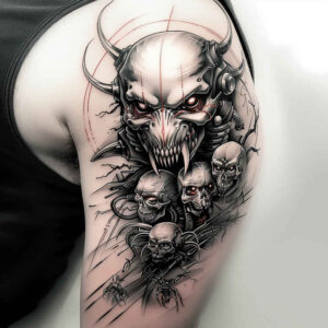 fiery-demon – tattoo design ideas free ai generated – neotraditional-detailed-linework – for-collarbone – Gallery: demons-inkby-ai