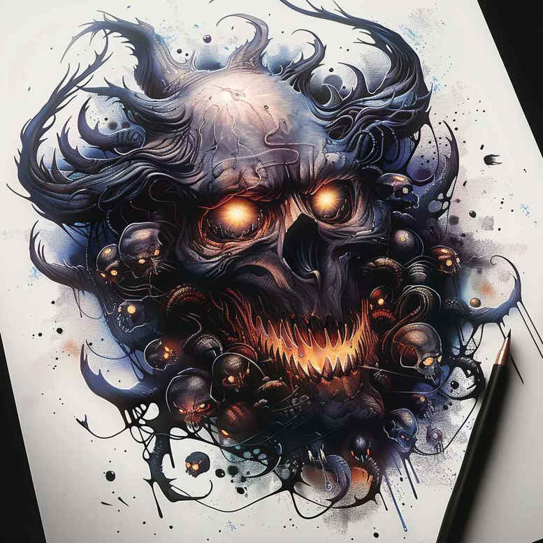 demons tattoo design ideas realistic shadowing fiery eyes symbolising perseverance