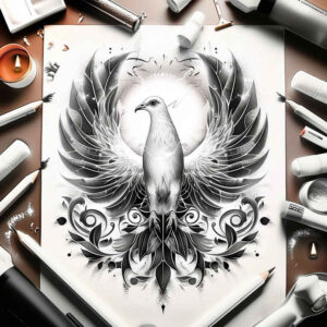 delicate-dove – tattoo design ideas free ai generated – surrealism-chromatic-aberration – for-back – Gallery: doves-inkby-ai