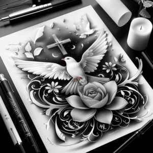 dove-as-peace-sign – tattoo design ideas free ai generated – neotraditional-bold-highlights – for-temple – Gallery: doves-inkby-ai