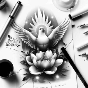 dove-with-feather – tattoo design ideas free ai generated – surrealism-dreamlike – for-scapula – Gallery: doves-inkby-ai