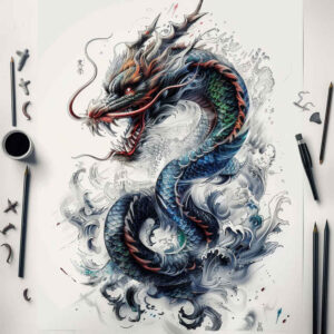 dragon-flame-tattoo – tattoo design ideas free ai generated – distorted – for-back – Gallery: dragons-inkby-ai