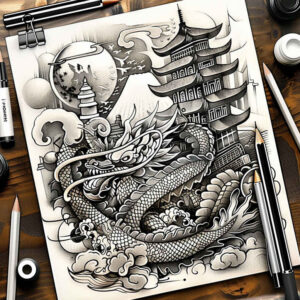 dragon-outline – tattoo design ideas free ai generated – nightmarish – for-sternum – Gallery: dragons-inkby-ai