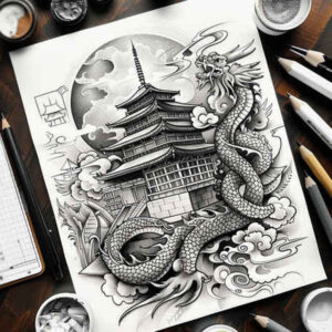 dragon-outline – tattoo design ideas free ai generated – shadow – for-sternum – Gallery: dragons-inkby-ai