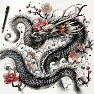 dragon-spirit-animal – tattoo design ideas free ai generated – noir – for-behind-ear – Gallery: dragons-inkby-ai