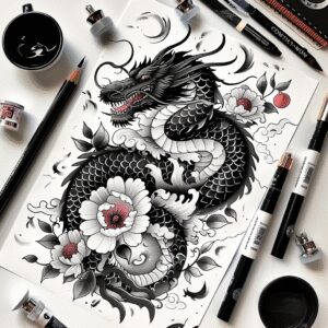 japanese-dragon – tattoo design ideas free ai generated – dripping – for-upper-back – Gallery: dragons-inkby-ai