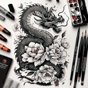 dragons tattoo design ideas Surrealism subconscious themes detailed texture for shin