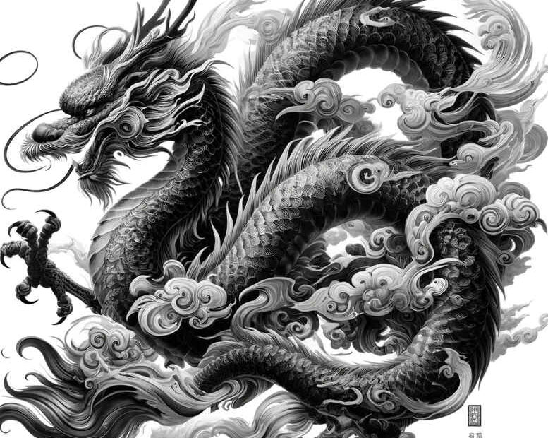 Two black and gray dragons intertwined; AI-generated tattoo project concept; grayscale, bold cover-up potential.