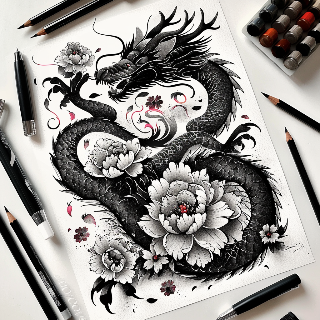 dragons tattoo design ideas line-art serpentine for nape
