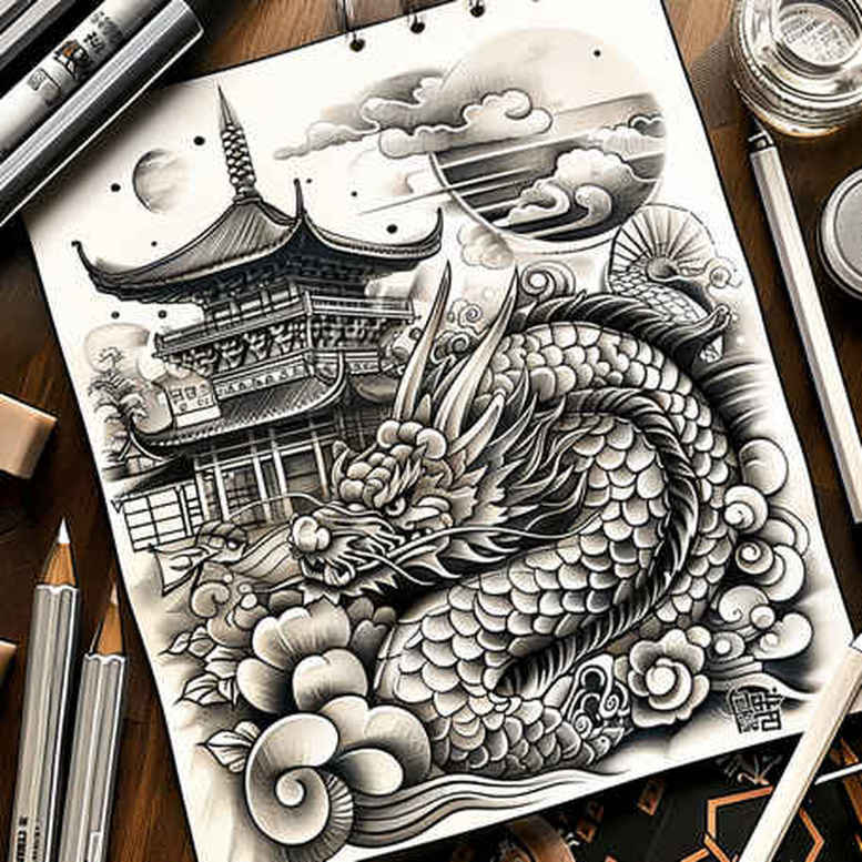 dragons tattoo design ideas Surrealism translucent layers shadow and light for back of neck