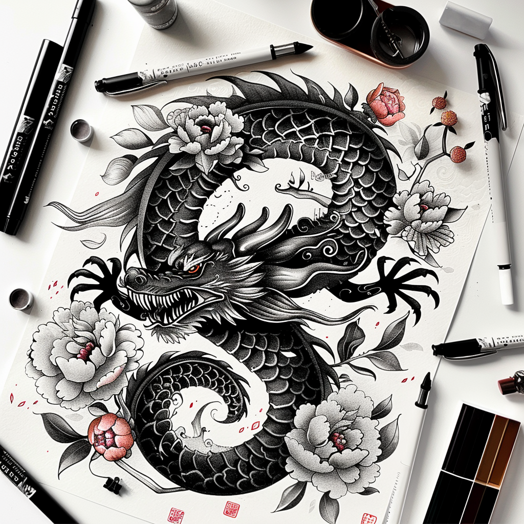 dragons tattoo design ideas strong contrast strong lines for toe
