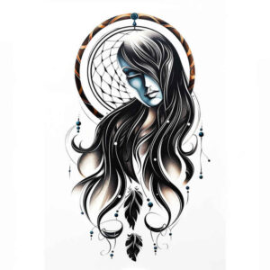 black-and-grey-dreamcatcher – tattoo design ideas free ai generated – neotraditional-bold-highlights – for-lower-chest – Gallery: dreamcatchers-inkby-ai