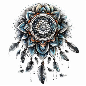 dreamcatcher-and-leaves – tattoo design ideas free ai generated – neotraditional-layered-inks – for-collarbone – Gallery: dreamcatchers-inkby-ai