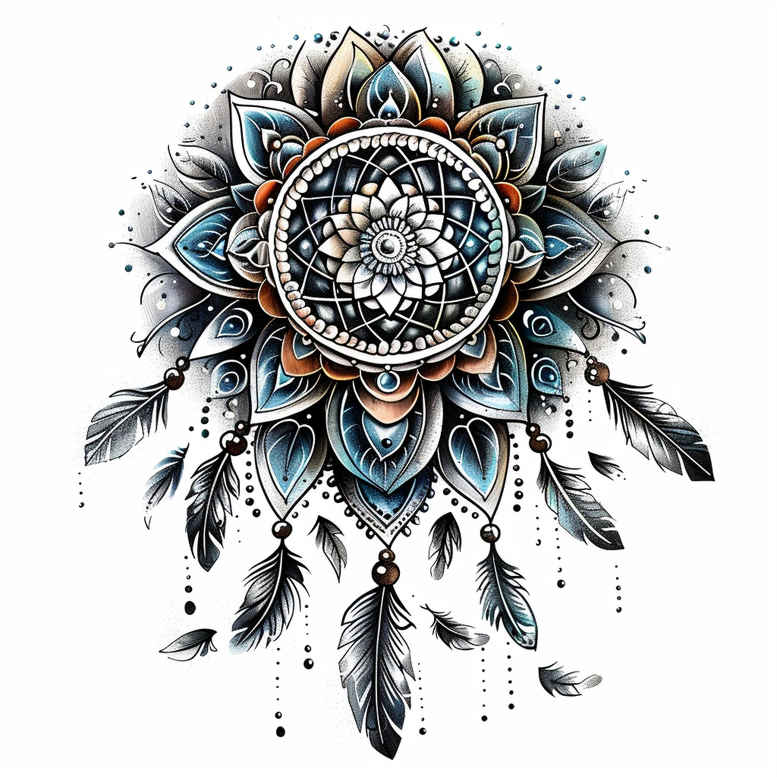 dreamcatcher-and-leaves – tattoo design ideas free ai generated – neotraditional-layered-inks – for-collarbone – Gallery: dreamcatchers-inkby-ai