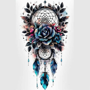 dreamcatcher-and-leaves – tattoo design ideas free ai generated – realism-blended-gradients – for-lower-chest – Gallery: dreamcatchers-inkby-ai