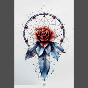 dreamcatcher-and-leaves – tattoo design ideas free ai generated – surrealism-enigmatic-aura – for-lower-chest – Gallery: dreamcatchers-inkby-ai
