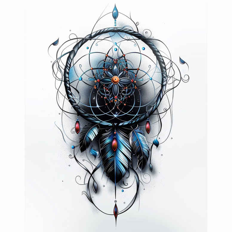 dreamcatcher-in-motion – tattoo design ideas free ai generated – surrealism-chromatic-aberration – for-upper-chest – Gallery: dreamcatchers-inkby-ai
