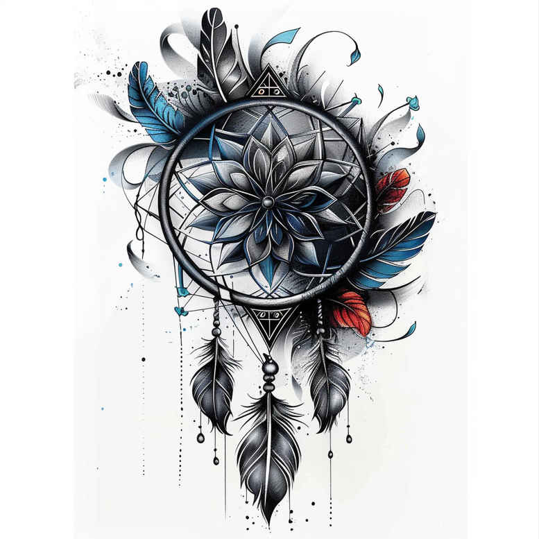 dreamcatcher – tattoo design ideas free ai generated – neotraditional-vivid-color – for-calf – Gallery: dreamcatchers-inkby-ai