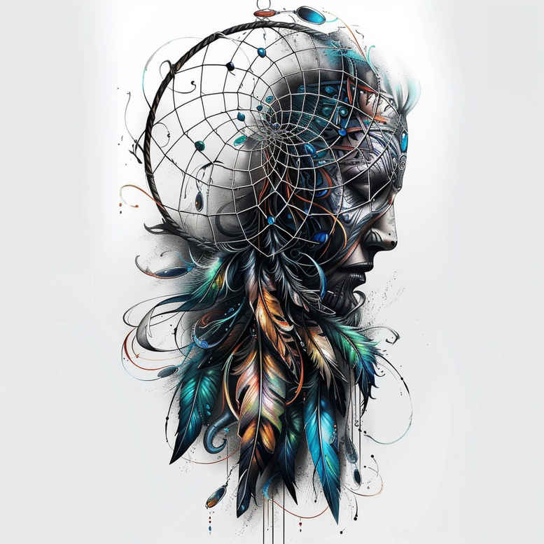 dreamcatcher-with-feathers – tattoo design ideas free ai generated – surrealism-phantasmagoric – for-ribs – Gallery: dreamcatchers-inkby-ai