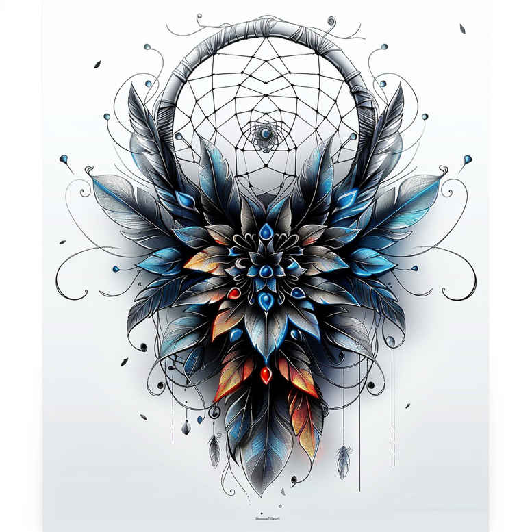 dreamcatcher-with-ribbon – tattoo design ideas free ai generated – neotraditional-bold-color-blocks – for-foot – Gallery: dreamcatchers-inkby-ai