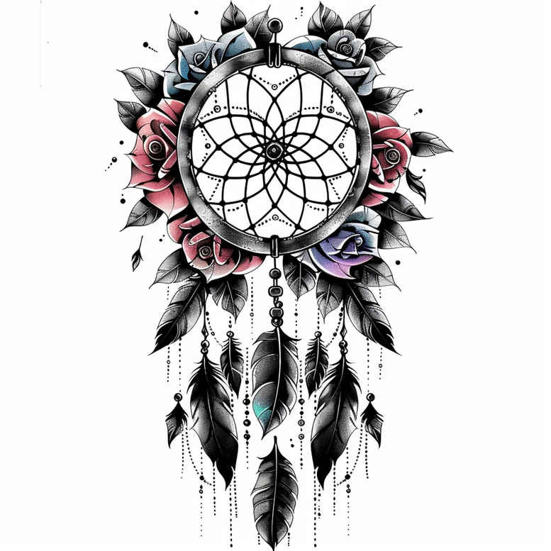 dreamcatcher-with-ribbon – tattoo design ideas free ai generated – surrealism-fantasy-inspired – for-back-shoulder – Gallery: dreamcatchers-inkby-ai