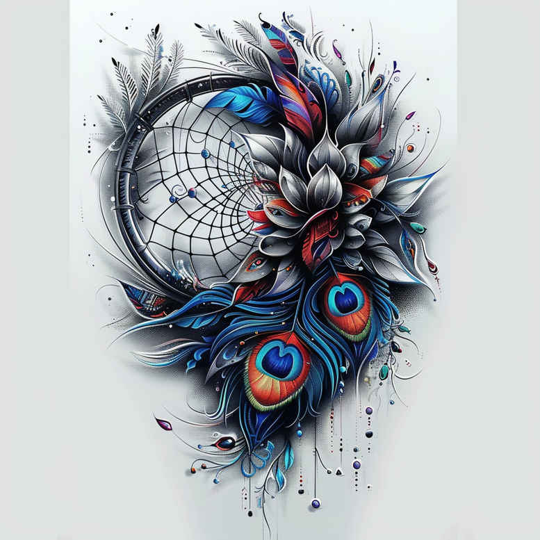 geometric-dreamcatcher – tattoo design ideas free ai generated – surrealism-floating-elements – for-back-shoulder – Gallery: dreamcatchers-inkby-ai
