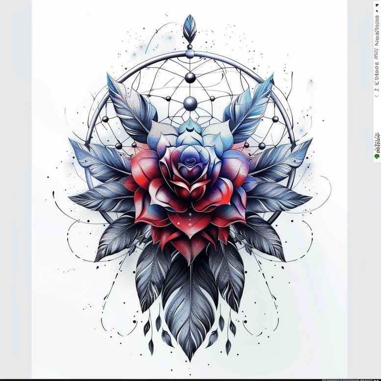 geometric-dreamcatcher-pattern – tattoo design ideas free ai generated – neotraditional-layered-fill – for-lower-thigh – Gallery: dreamcatchers-inkby-ai
