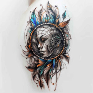 mystical-dreamcatcher – tattoo design ideas free ai generated – neotraditional-artistic-contrast – for-triceps – Gallery: dreamcatchers-inkby-ai