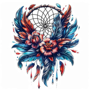 mystical-dreamcatcher – tattoo design ideas free ai generated – neotraditional-dynamic-color – for-upper-back – Gallery: dreamcatchers-inkby-ai