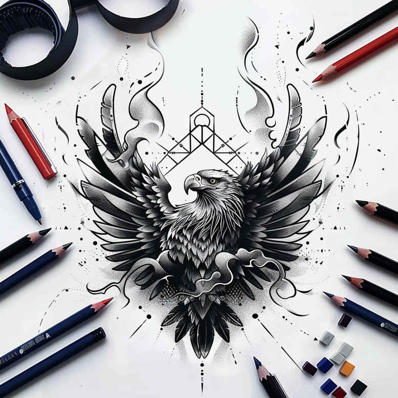 crowned-eagle – tattoo design ideas free ai generated – surrealism-bizarre – for-lower-leg – Gallery: eagles-inkby-ai