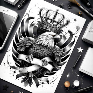 eagle-against-sky – tattoo design ideas free ai generated – surrealism-imperfect-symmetry – for-side – Gallery: eagles-inkby-ai