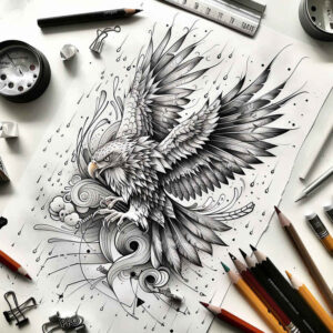 eagle-in-air – tattoo design ideas free ai generated – realism-soft-contrast – for-back-of-neck – Gallery: eagles-inkby-ai