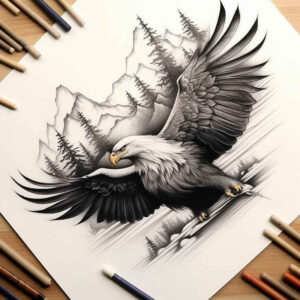 eagle-in-clouds – tattoo design ideas free ai generated – surrealism-imperfect-symmetry – for-back-shoulder – Gallery: eagles-inkby-ai