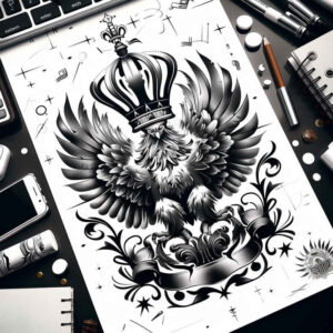 geometric-eagle – tattoo design ideas free ai generated – neotraditional-vivid-detail – for-behind-ear – Gallery: eagles-inkby-ai