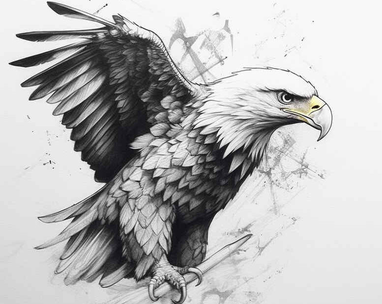 Black and grey eagle with spread wings, sketchy ink splashes; tattoo design concept, AI-generated tattoo project, suitable for cover-up.