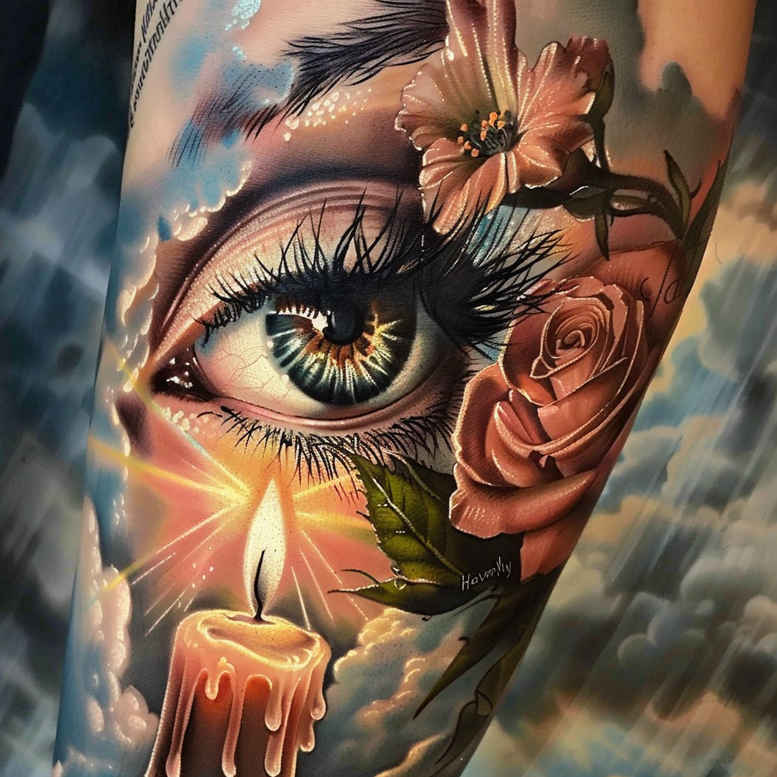 eye-with-ornament – tattoo design ideas free ai generated – realism-natural-blush – for-outer-arm – Gallery: eyes-inkby-ai