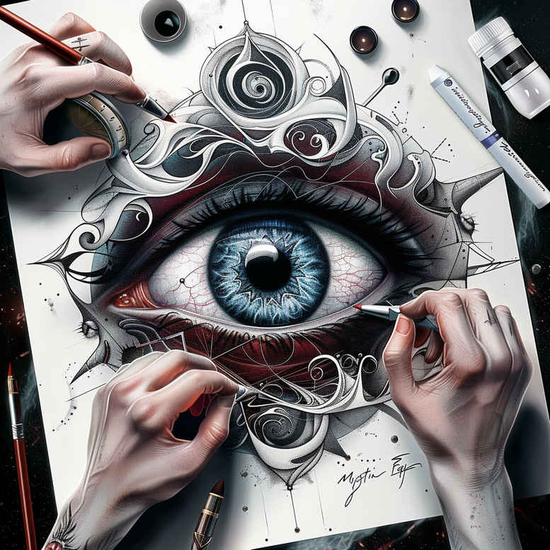 gaze – tattoo design ideas free ai generated – surrealism-melted-shapes – for-behind-ear – Gallery: eyes-inkby-ai