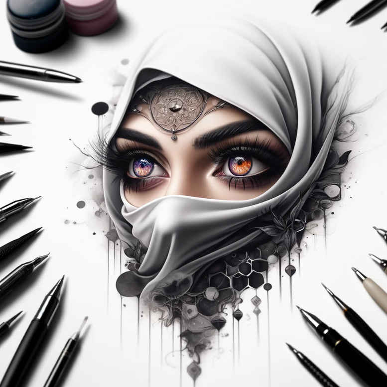 Eye, hijab, and ink splatters in black and grey, realistic portrait tattoo project for cover-up.