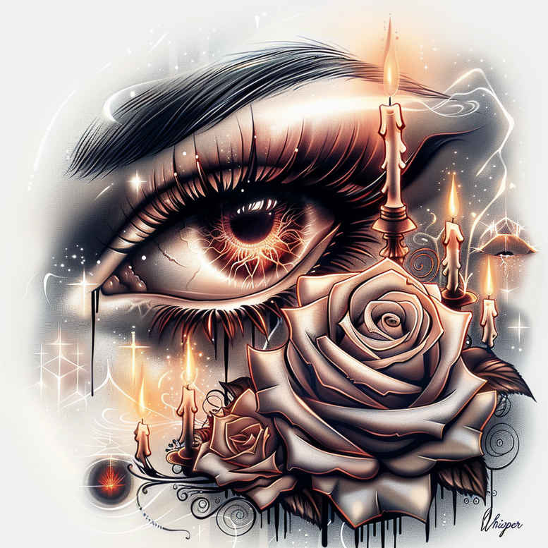 Eye and rose with candle flames in black and grey; AI-generated tattoo project, ideal for cover-up.